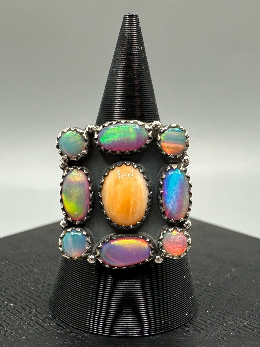 Sterling Silver 925 Aurora Opal Orange Spiny Oyster Adjustable Ring Handmade